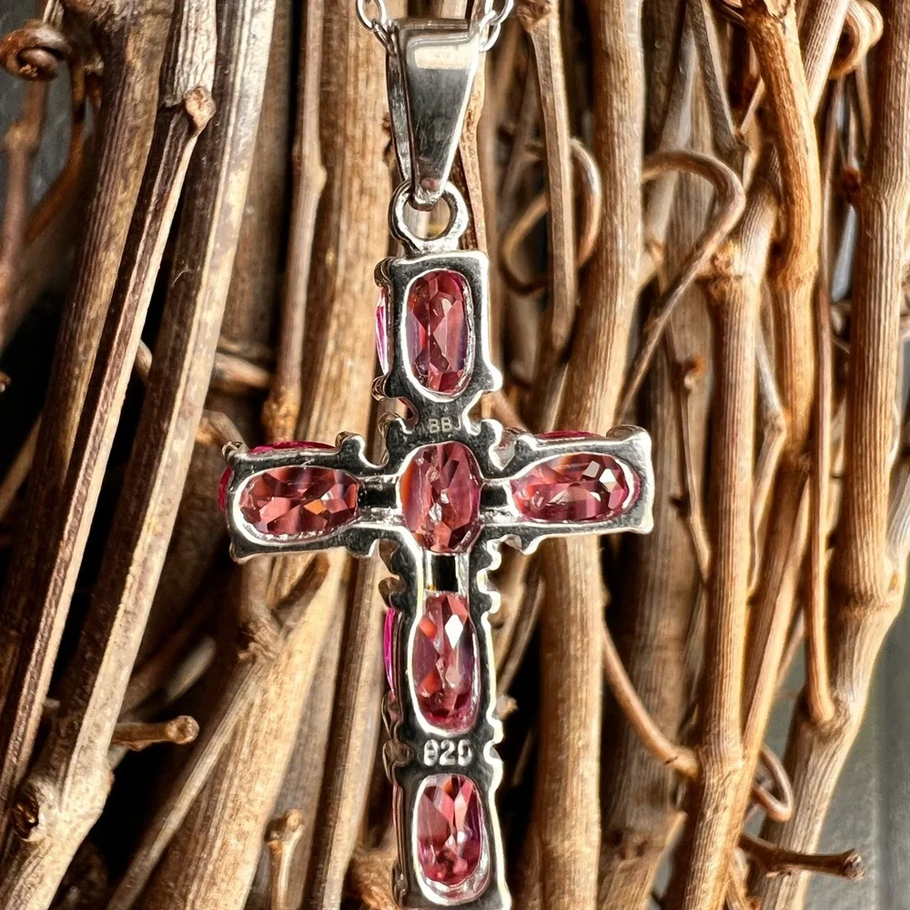 Sterling Raspberry Rhodolite Garnet Cross Pendant